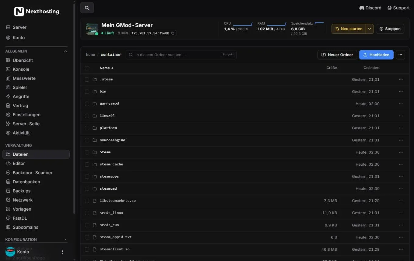 Dateimanager eines Garry's-Mod-Servers im Nexthosting-Panel mit Ordnerliste, Suche und Knöpfen Neuer Ordner und Hochladen