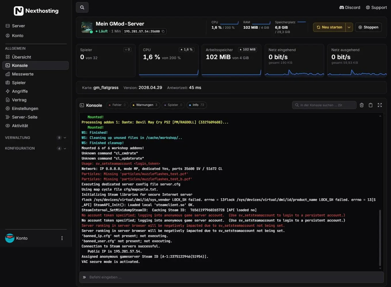 Konsole eines Garry's-Mod-Servers im Nexthosting-Panel mit Filtern und Befehlszeile