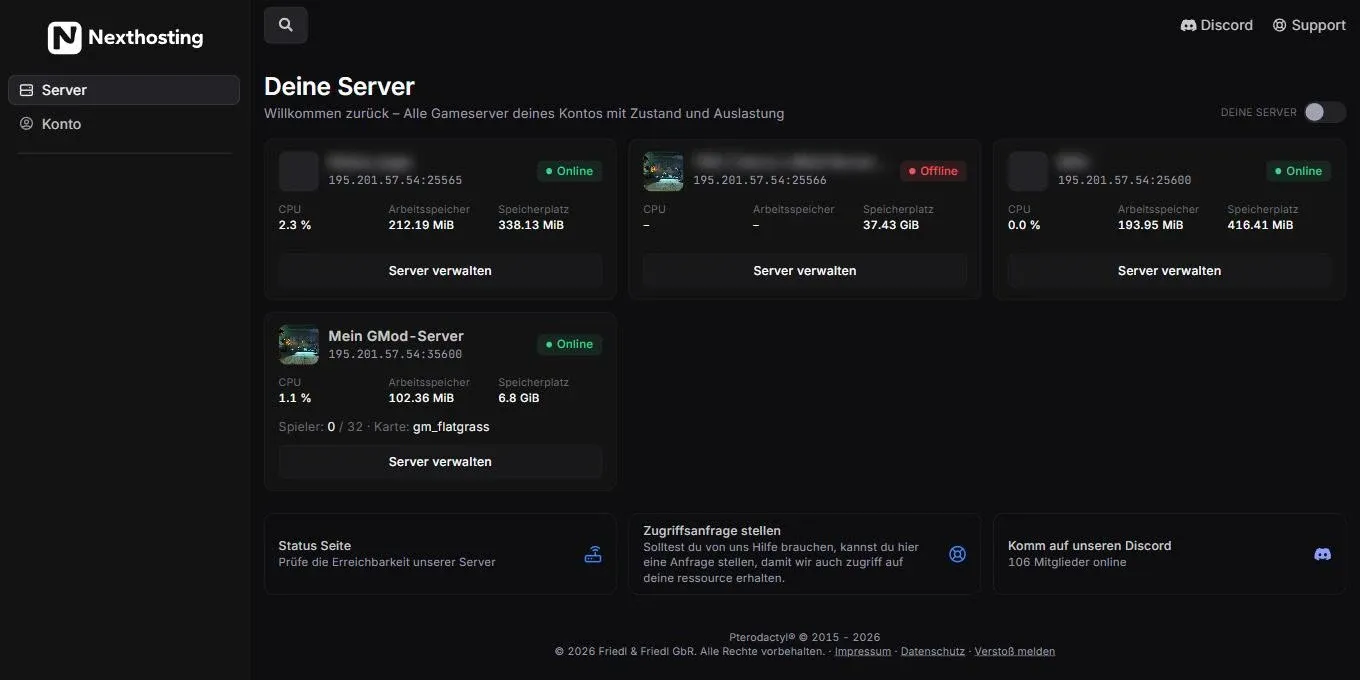 Startseite Deine Server im Nexthosting-Panel mit Serverkarten, Status Online oder Offline und Knöpfen Server verwalten
