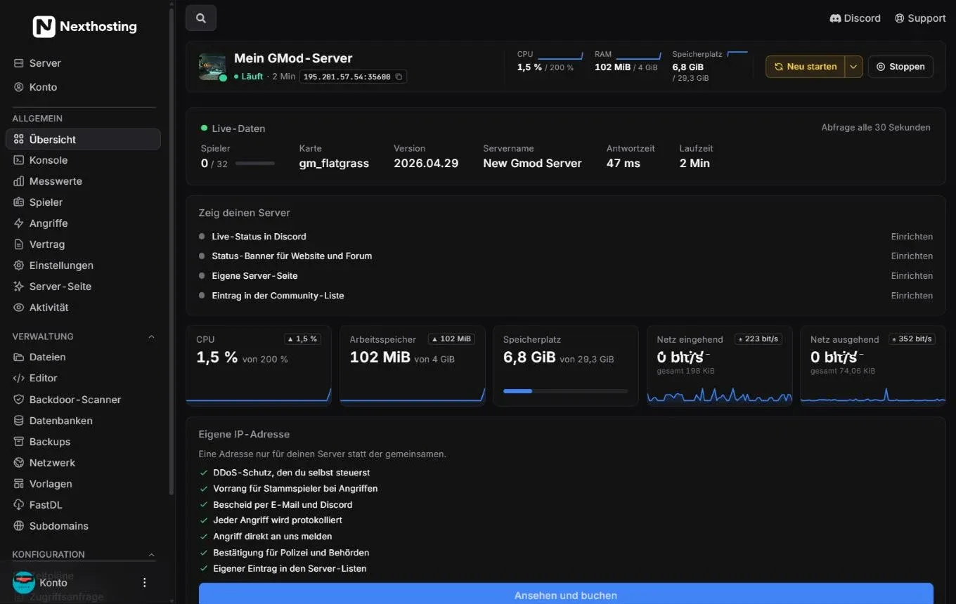 Übersicht eines Gameservers im Nexthosting-Panel mit Status Läuft, Adresse, Live-Daten und Seitenleiste