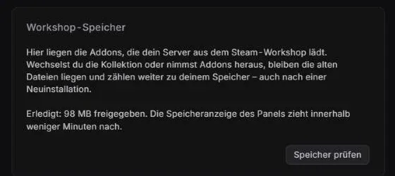 Kasten Workshop-Speicher im Nexthosting-Panel mit Meldung 98 MB freigegeben