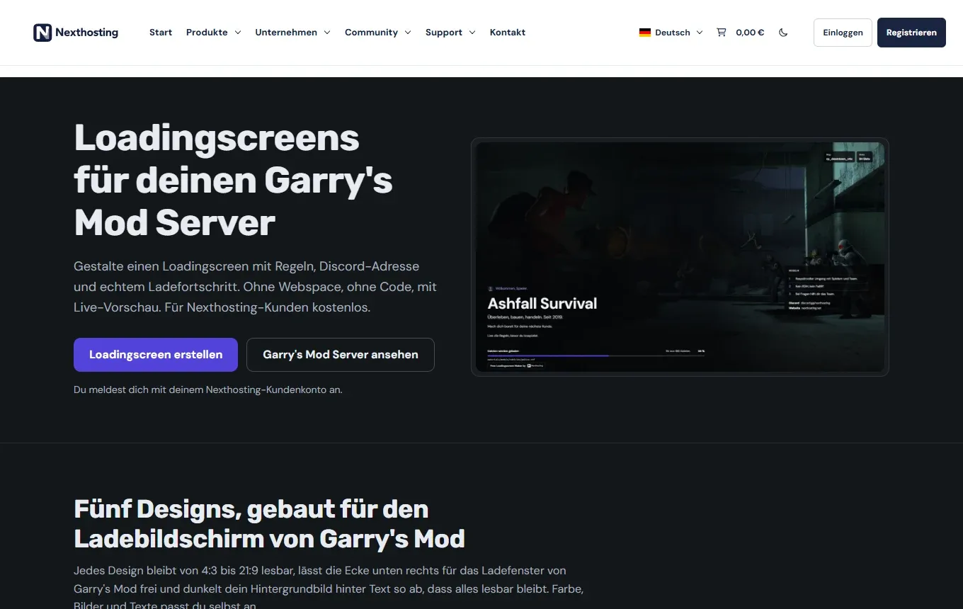 Seite GMod Loadingscreen Generator auf nexthosting.net mit Vorschau eines Ladebildschirms und Knopf Loadingscreen erstellen