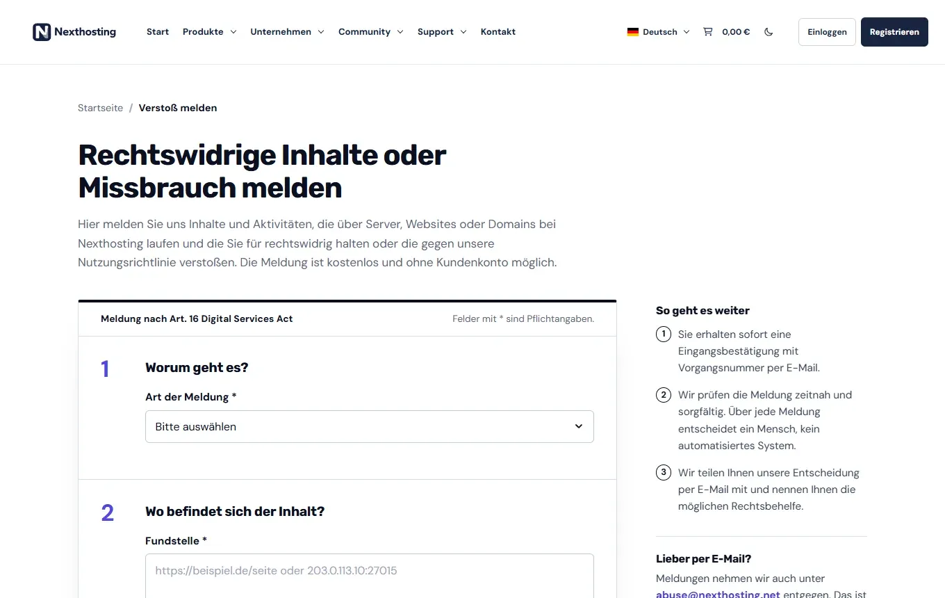 Formular Rechtswidrige Inhalte oder Missbrauch melden auf nexthosting.net mit Auswahl der Art der Meldung, Feld Fundstelle und dem Kasten So geht es weiter