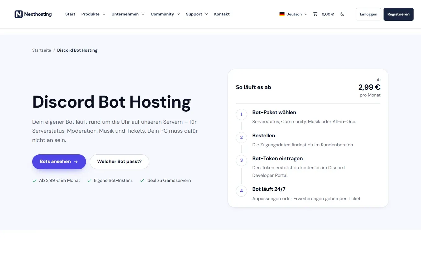 Seite Discord Bot Hosting bei Nexthosting mit dem Kasten So läuft es ab