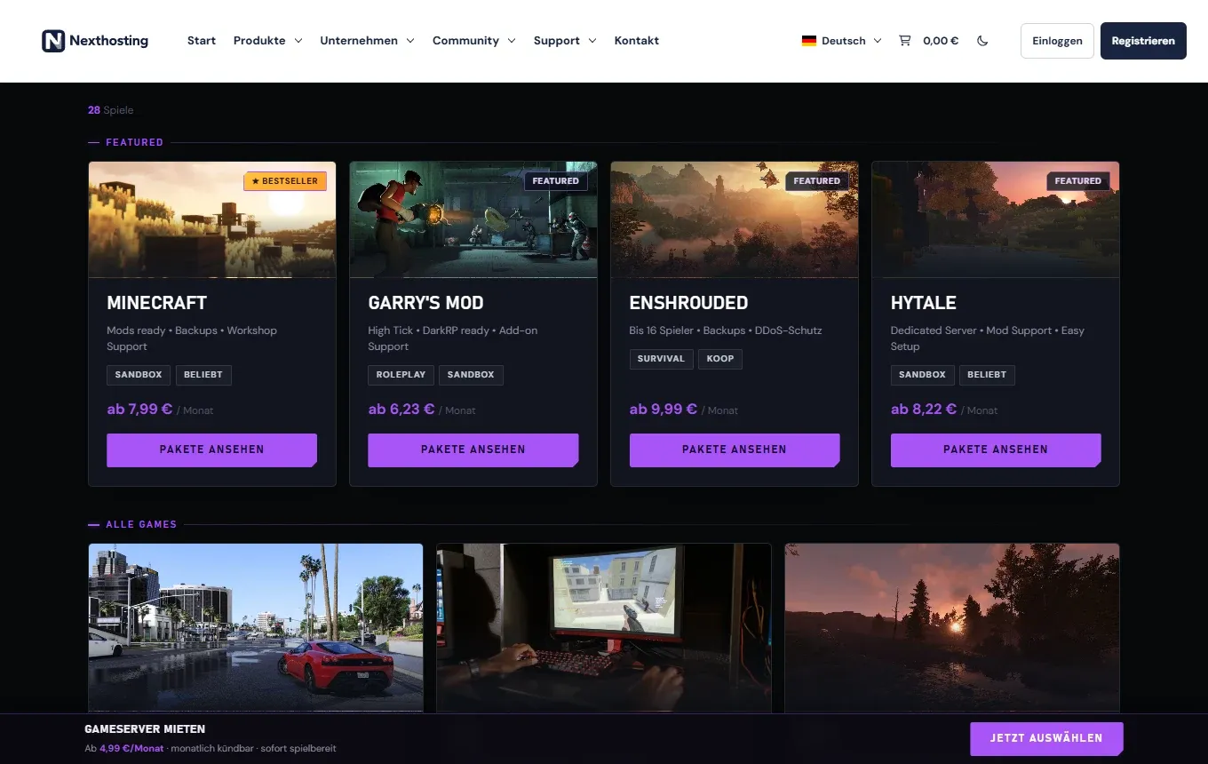 Spieleauswahl der Gameserver-Kategorie im Shop von Nexthosting mit Minecraft, Garry's Mod, Enshrouded und Hytale