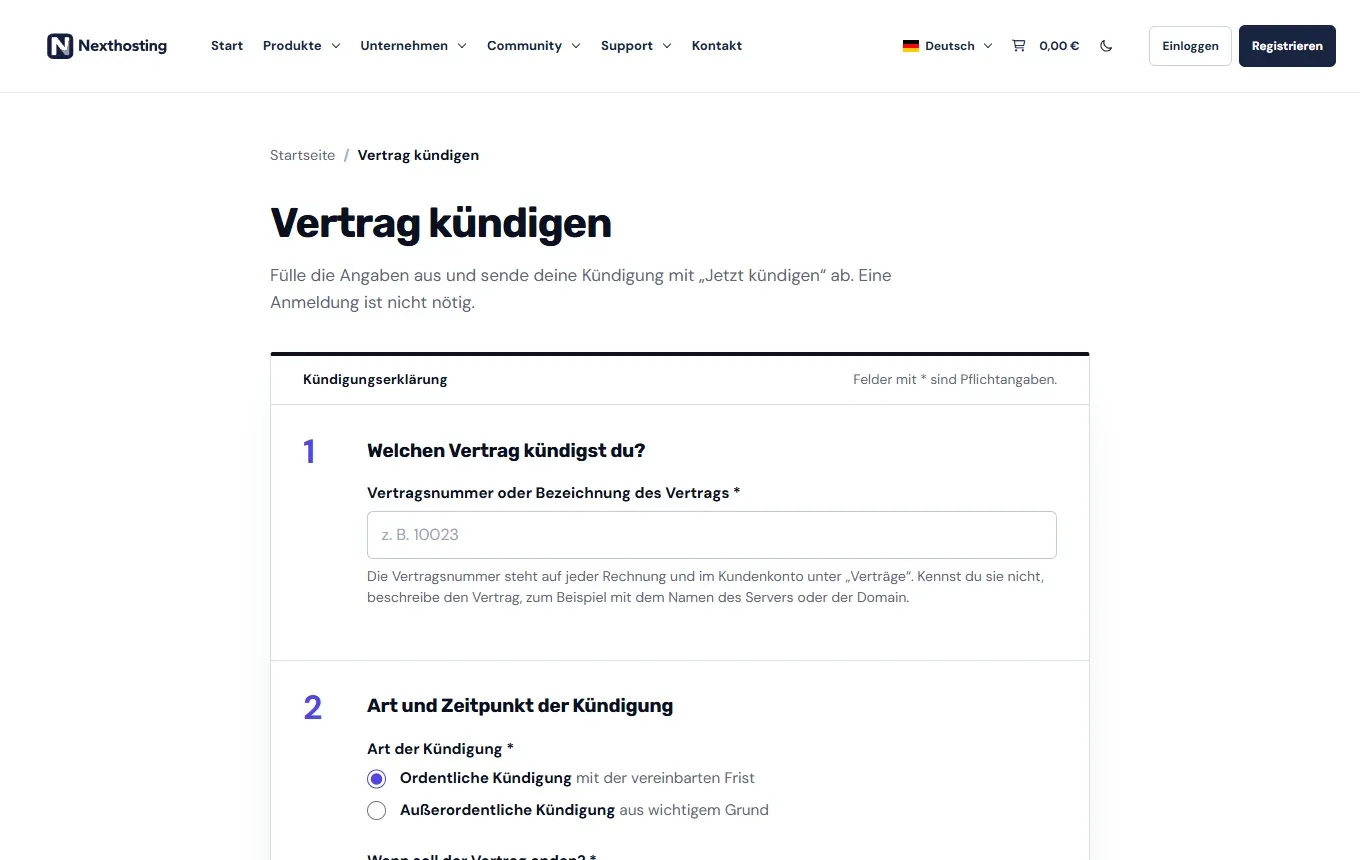 Formular Vertrag kündigen auf nexthosting.net mit Feld für Vertragsnummer und Auswahl ordentliche oder außerordentliche Kündigung