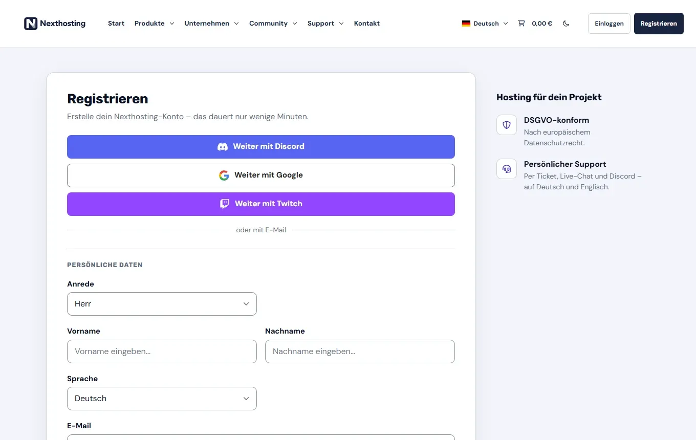 Registrierungsseite von Nexthosting mit den Knöpfen Weiter mit Discord, Weiter mit Google und Weiter mit Twitch sowie dem Formular für die Registrierung mit E-Mail