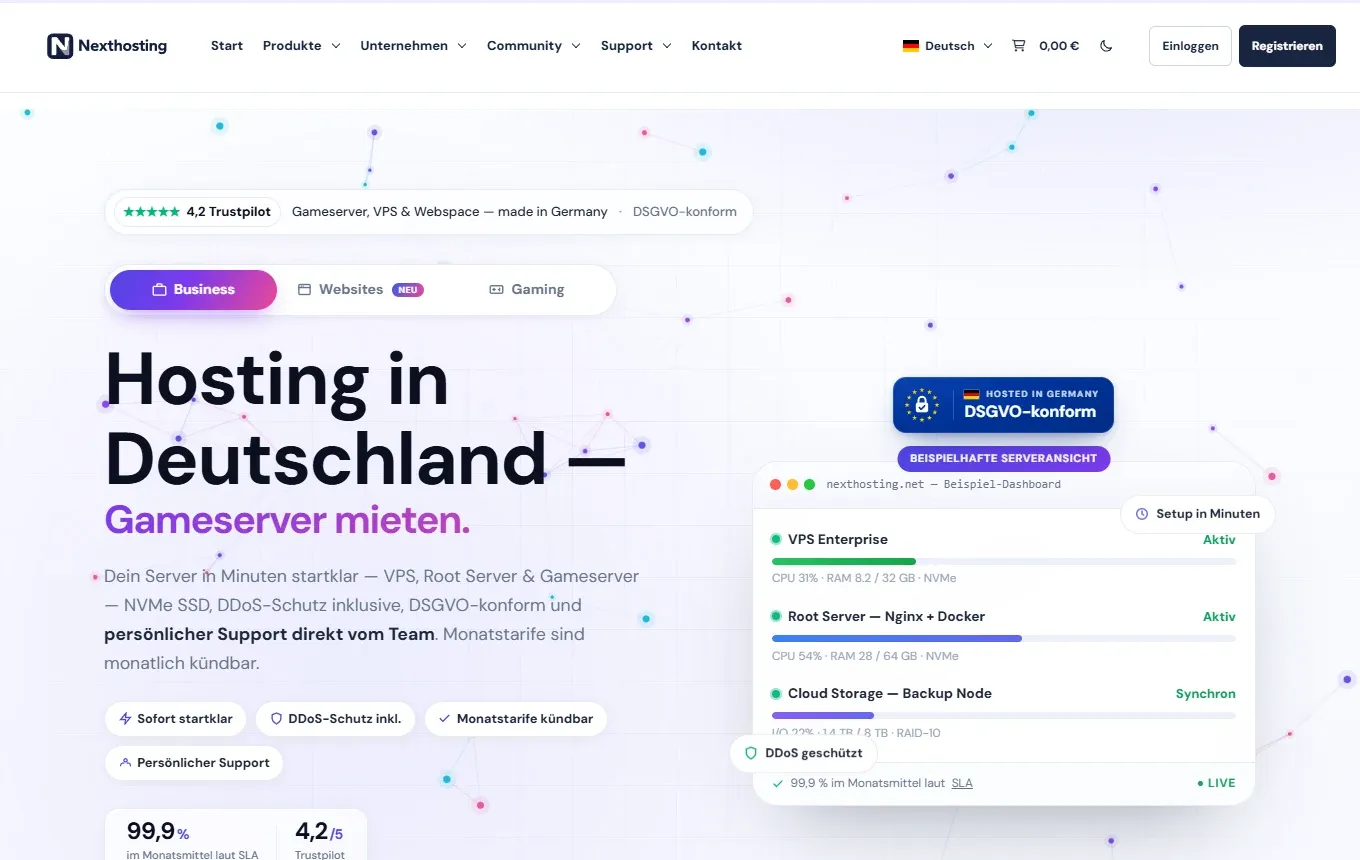 Startseite von Nexthosting mit Menü, Einloggen und Registrieren