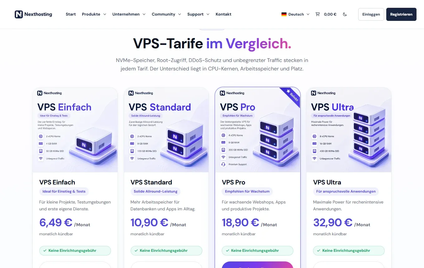 Vergleich der VPS-Tarife Einfach, Standard, Pro und Ultra mit Preisen, monatlich kündbar und ohne Einrichtungsgebühr
