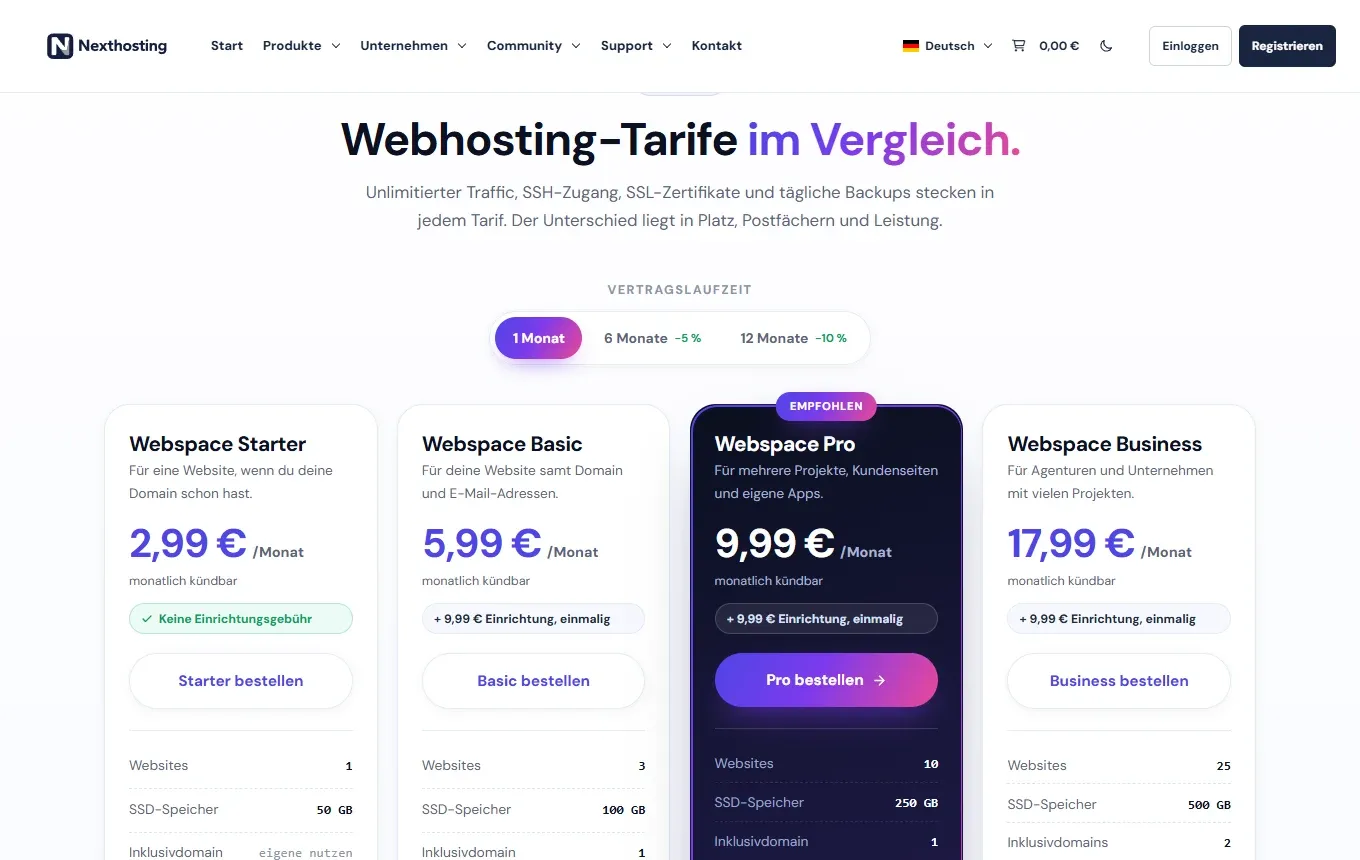 Webhosting-Tarife Starter, Basic, Pro und Business im Nexthosting-Shop mit Umschalter für die Vertragslaufzeit