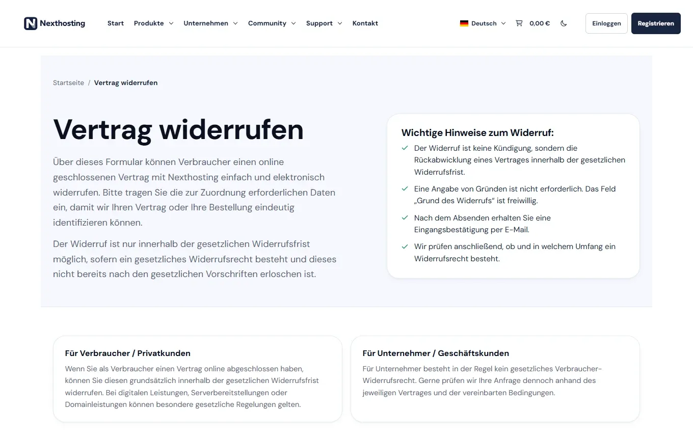 Seite Vertrag widerrufen auf nexthosting.net mit Erklärung, Kasten Wichtige Hinweise zum Widerruf und Karten für Verbraucher und Unternehmer